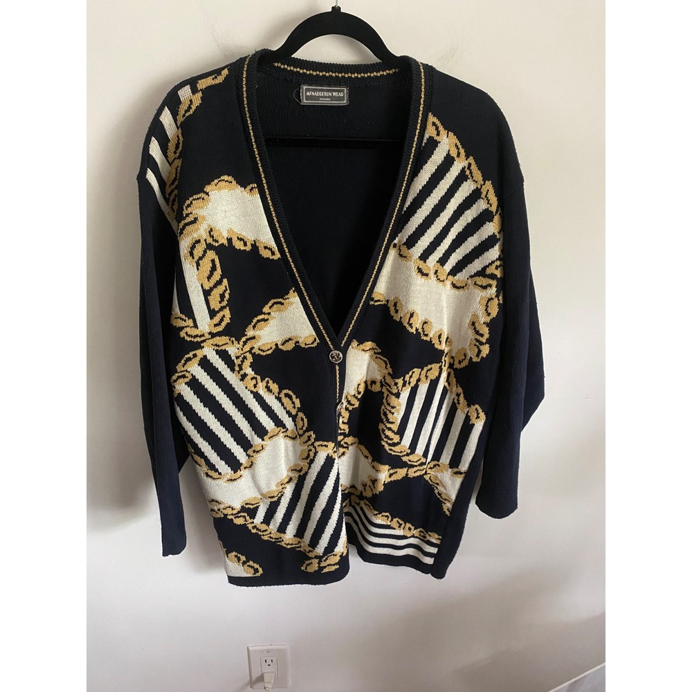 McNaughton Wear‎ Vintage Nautical Chain Stripe Cardigan Navy Gold Metallic XL